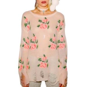 WildFox Prairie Rose Distressed Sweater Lightweight Peach with Flowers